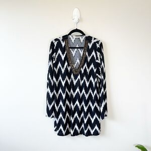 La Blanca Beaded Collar Swimsuit Cover Up Tunic Black & White Chevron Size XL